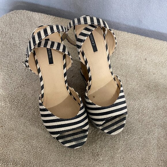 Forever 21 Striped Cork Wedge Heels | Nautical Black White Ankle Strap Sandals 8 - Picture 3 of 10